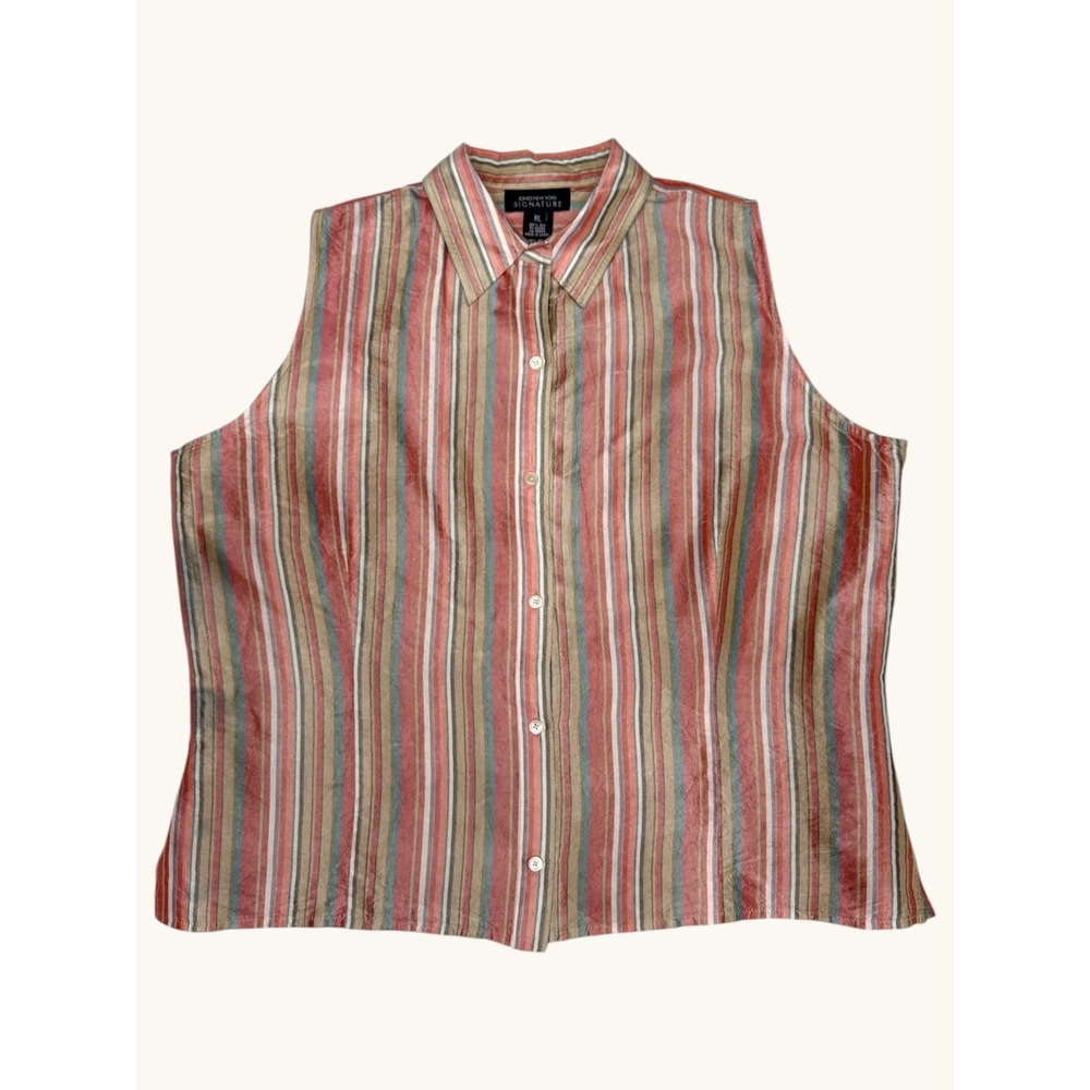 Jones New York Signature Womens XL Silk Sleeveless Button Down Striped Top Red